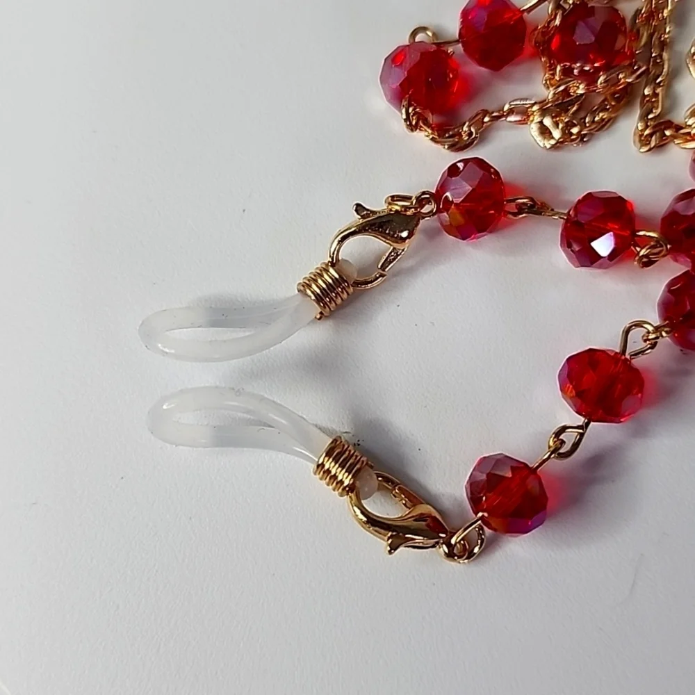 Gold with Red AB Crystal Bead Multi Use Chain Mask Eyeglass or ID Holder New